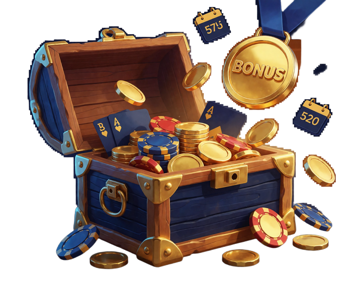 Goldene Schatztruhe mit M&uuml;nzen, Chips und Bonus-Medaille als Symbol f&uuml;r die Bonusarten im BetScore Casino