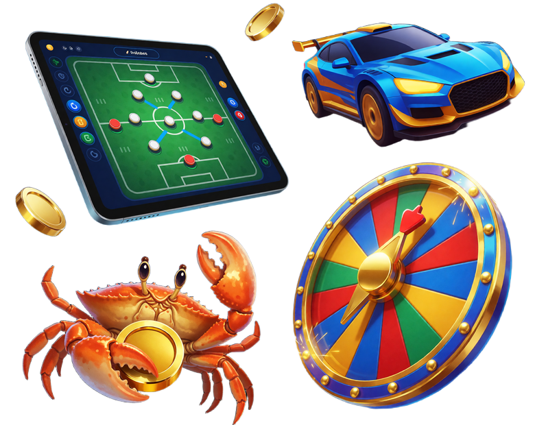 Football-Taktiktafel, Rally-Fortschritt, Bonus-Crab-Greifer und Gl&uuml;cksrad als &Uuml;bersicht der BetScore Gamification-Mechaniken