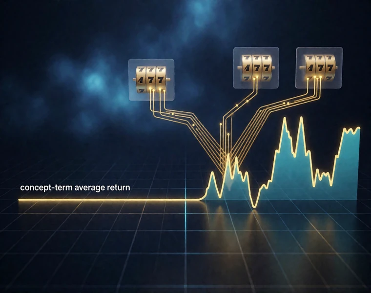 Diagramm mit flacher Langzeitkurve, schwankender Sitzungskurve und verzweigten Gewinnwegen - RTP und Volatilit&auml;t bei Online Slots erkl&auml;rt