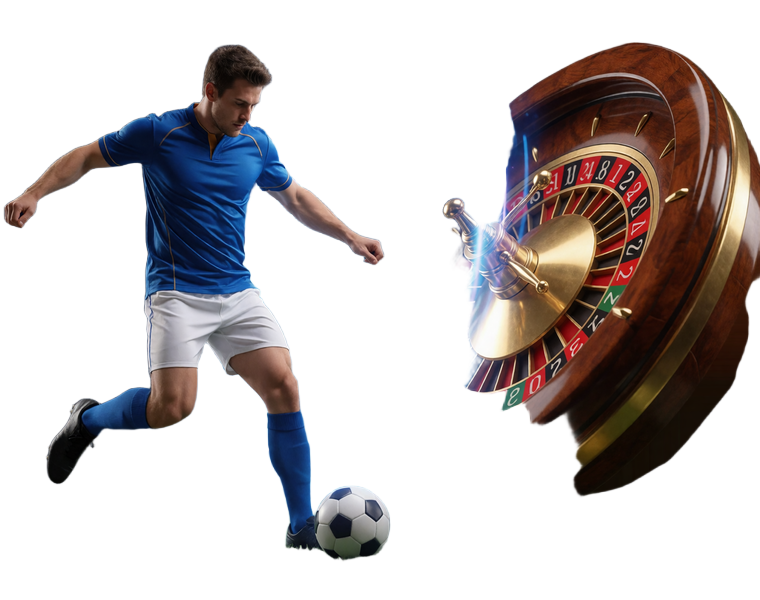 Fu&szlig;ballspieler und Roulette-Kessel verbunden durch ein blaues Energieportal - Sportwetten und Online Casino Echtgeld in einer Plattform