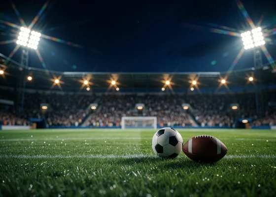 Fu&szlig;ball und American Football auf dem Rasen eines beleuchteten Stadions - Sportwetten-Bereich bei BetScore Casino