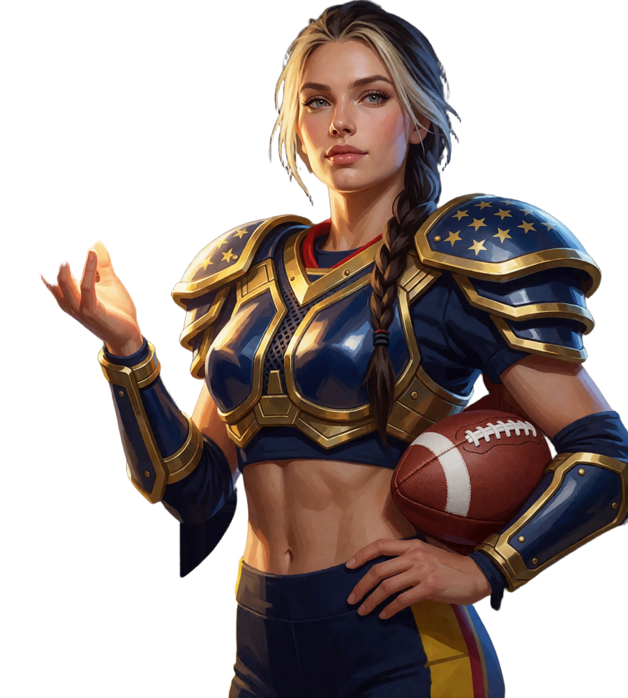 Gepanzerte Kriegerin in Navy und Gold h&auml;lt eine leuchtende Slot-Walze als Artefakt - Symbolbild f&uuml;r Online Slots bei BetScore
