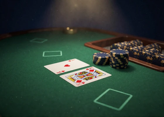 Blackjack-Tisch mit Ass und K&ouml;nig sowie gestapelten Chips als Symbol f&uuml;r digitale Tischspiele