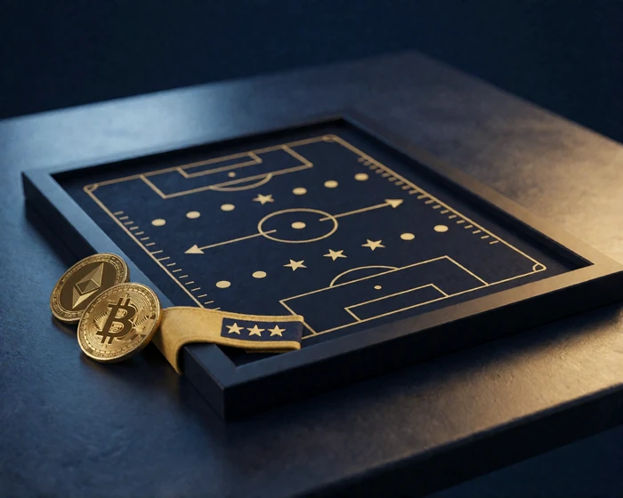 Taktiktafel mit Formation, Sternen und Krypto-M&uuml;nzen als Symbol f&uuml;r Football Manager und Krypto-Angebote im BetScore Sportsbook
