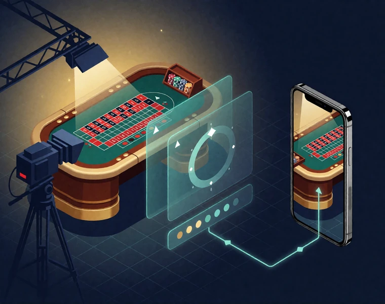 Isometrische Darstellung des Ablaufs vom Studio-Tisch &uuml;ber Setzphase und Ergebnis&uuml;bertragung bis zum Smartphone im Live Casino