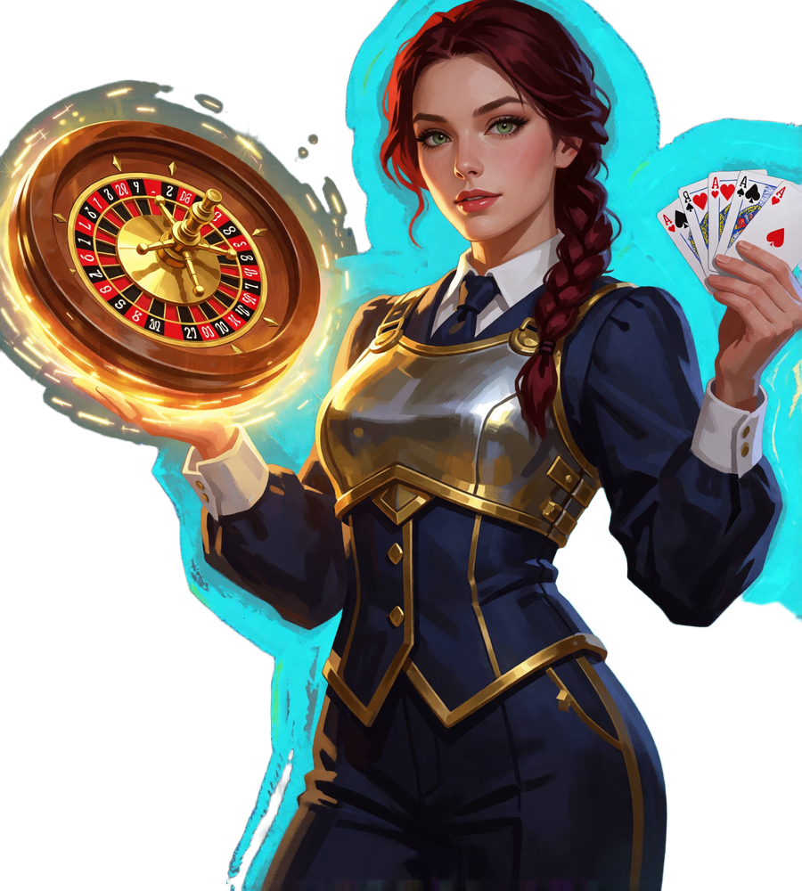 Gepanzerte Live-Dealerin in Navy und Gold h&auml;lt ein leuchtendes Roulette-Rad und Spielkarten - Motiv f&uuml;r das Live Casino bei BetScore