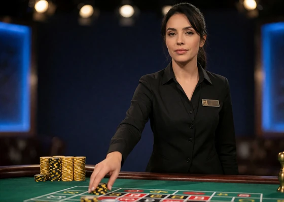 Croupierin am Roulette-Tisch im Livestream-Studio - Live-Casino-Bereich mit echten Dealern bei BetScore